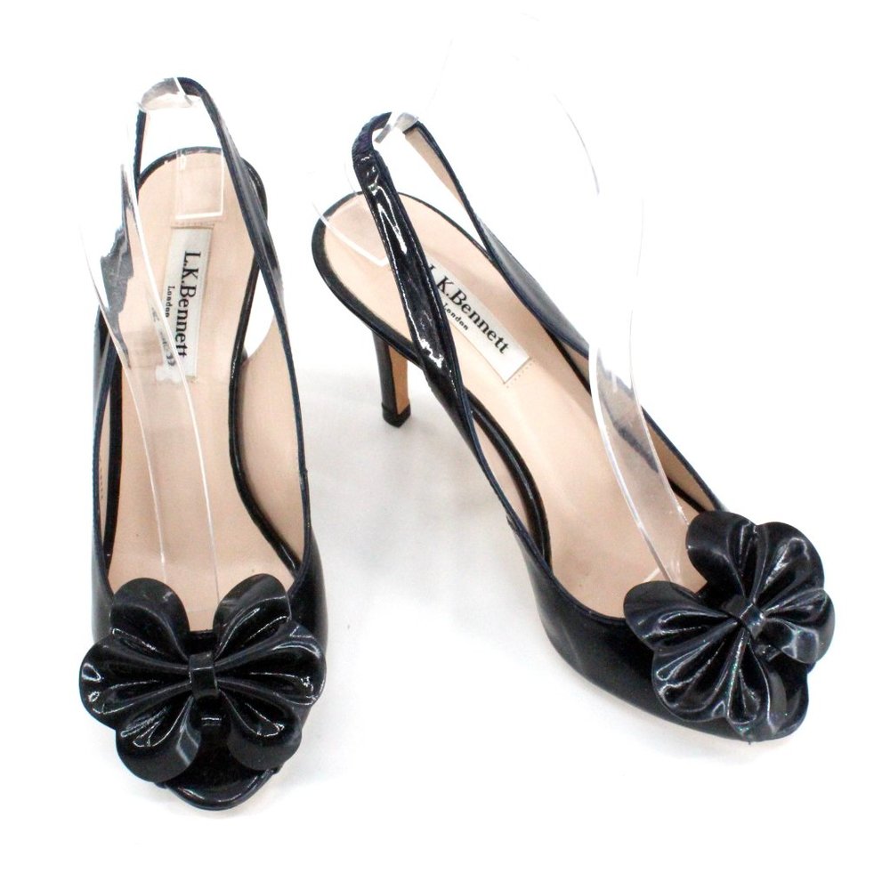 L.K. Bennett Black Patent Leather Peep Toe Slingback Bow Heel SZ 36 - Picture 5 of 16